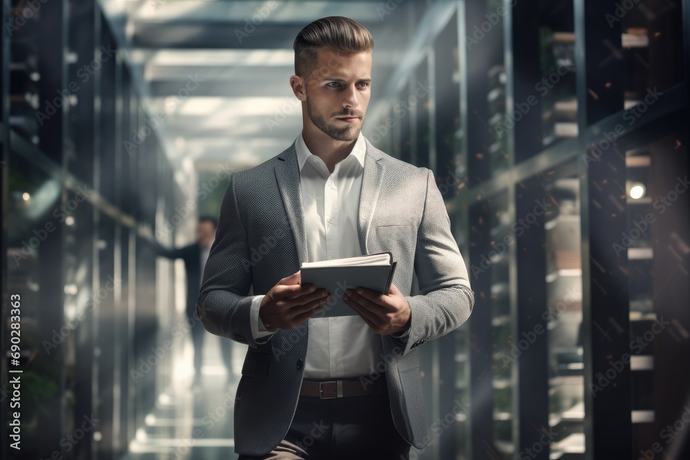 Fototapeta premium A man standing in a server room holding a tablet
