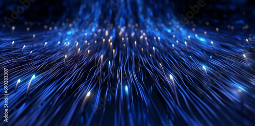 Glowing blue and orange strands of fiber optic cables, led lights illustrating digital connectivity.