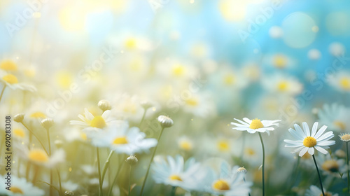 eautiful gently spring or summer field with chamomile flowers on nature blurred sky background. Close-up Meadow natural landscape Generative Ai