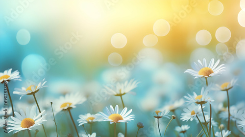 eautiful gently spring or summer field with chamomile flowers on nature blurred sky background. Close-up Meadow natural landscape Generative Ai photo