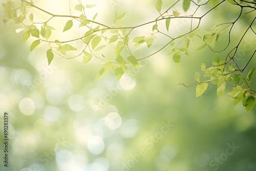 Close up spring nature view of green brunches on blurred garden background with copy space. Natural background Generative Ai
