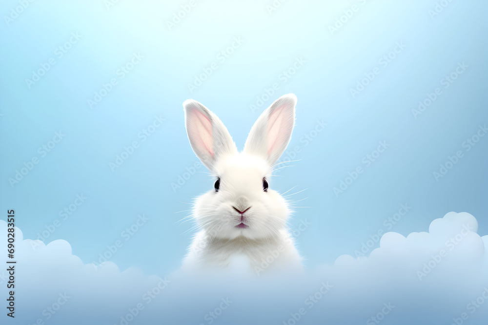 Easter white bunny on soft blue background