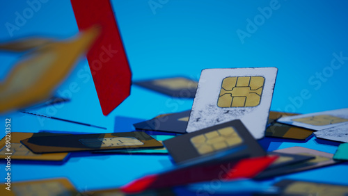 3d render animation of drop down small sim cards for telecomunicate. Connections with others devices by 3g or 4g photo