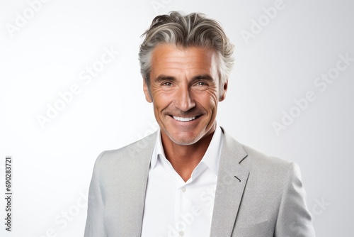 A smiling man in a gray jacket and white shirt