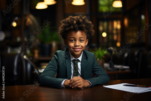 Happy young African American professional business teenager sit in office looking at camera, smiling just graduated from university student. Scholarship and success job profession opportunity concept.