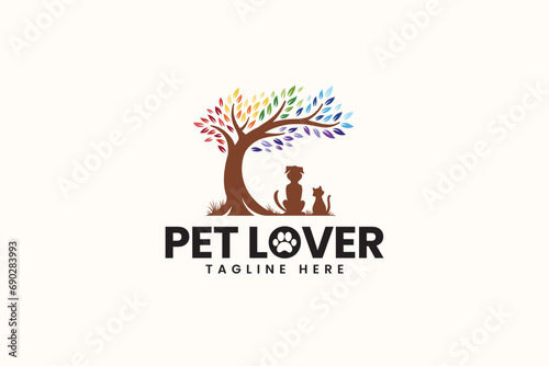pet care lover logo design with dog and cat under the tree concept