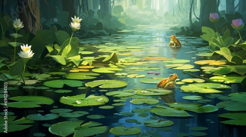 A tranquil pond covered in lily pads, with a frog perched on one of them.