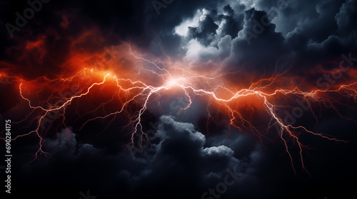 Strike of lightning on dark, futuristic light background.