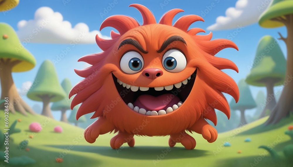 A playful 3d cartoon monster animal character with large, expressive eyes and a wide, toothy grin. Bursting with energy and humor. In a whimsical, imaginative world.