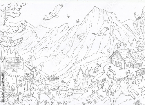 Heidi auf der Alm, zum Ausmalen, Illustration