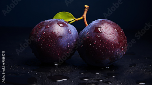 Pair of plums with moody backdrop, Fruit and food concept, AI Generated