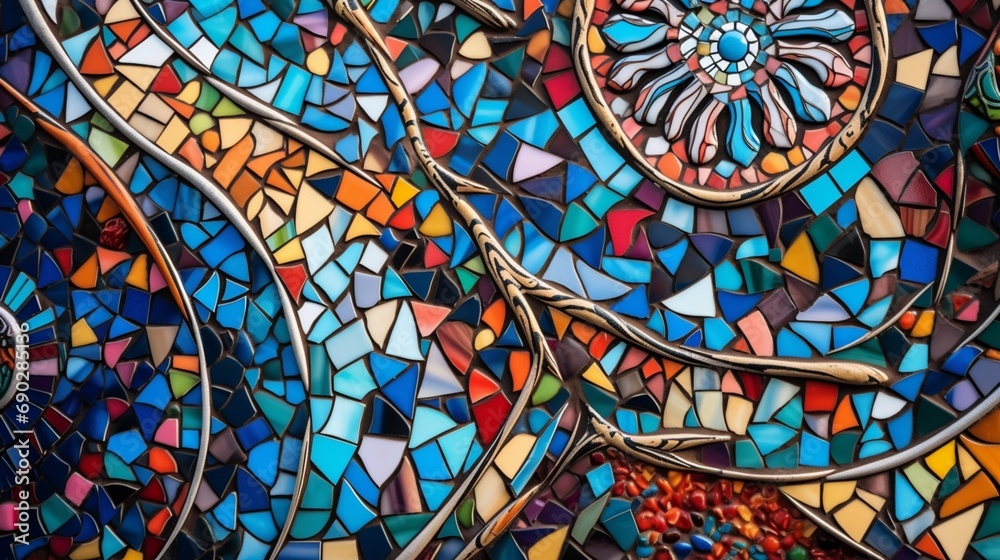 A vibrant mosaic of colorful tiles forming an intricate pattern.