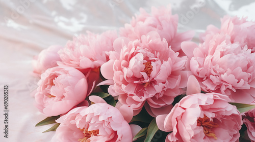 Bouquet of stylish peonies close-up. Pink peony flowers. Close-up of flower petals. Floral greeting card or wallpaper. Delicate abstract floral pastel background. Greeting card. Generated AI