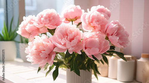 Fototapeta Naklejka Na Ścianę i Meble -  Bouquet of stylish peonies close-up. Pink peony flowers. Close-up of flower petals. Floral greeting card or wallpaper. Delicate abstract floral pastel background. Greeting card. Generated AI