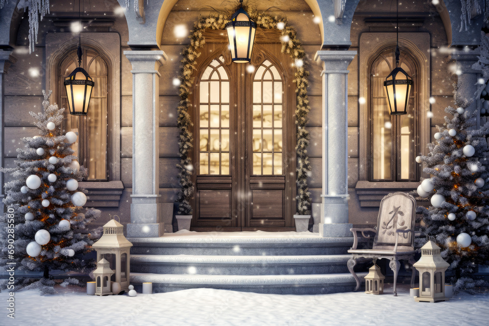 Beautiful decorated porch with Christmas tree and garland at home. Festive decoration Beautiful decorated porch with Christmas tree and garland at home. Festive decoration