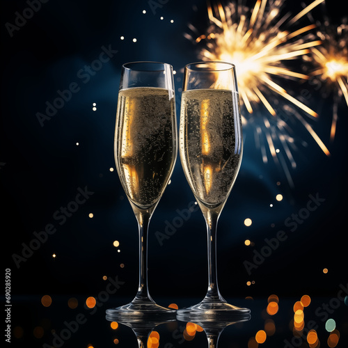 glasses of champagne toasting in a sky of fireworks during happy new year's festivities