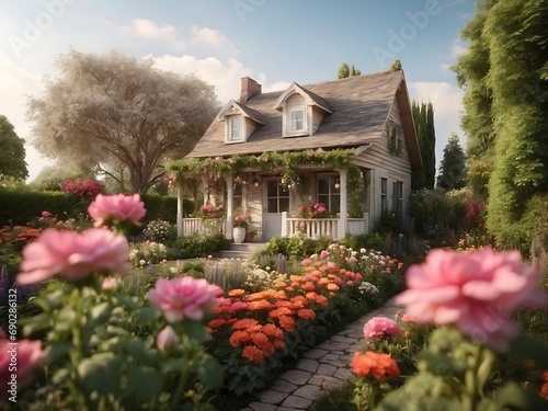  a house in the middle of a field with flowers in front of it and a tree in the back of the yard and a fence in front of the house. generative ai