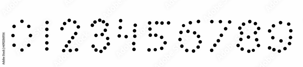 Circle shots dot holes black digits numbers font from 0 to 9 font collection. Vector illustration in doodle hand drawn style isolated on white background. For business, design, discount.