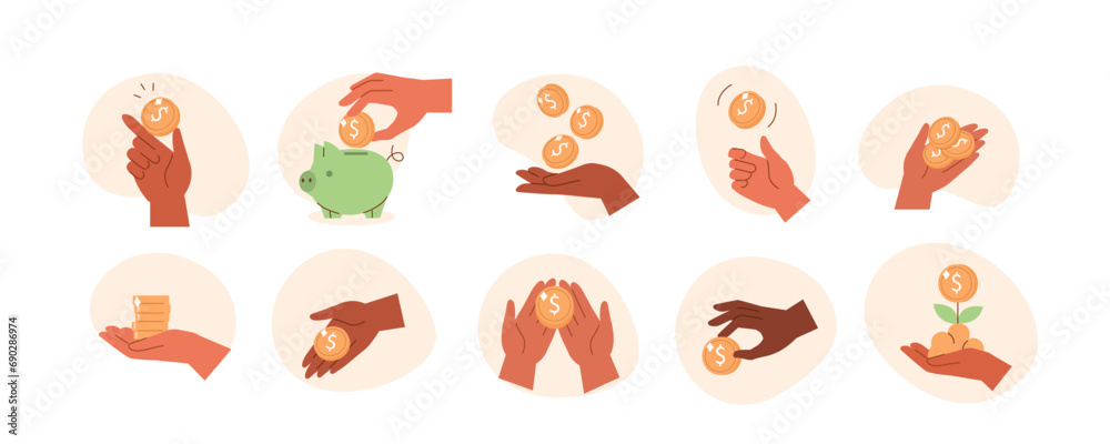 Hand gestures illustrations set. Collections of diverse characters hands holding money coins and cash on fingers and palms. Finance, investments and donation concept. Vector illustration.