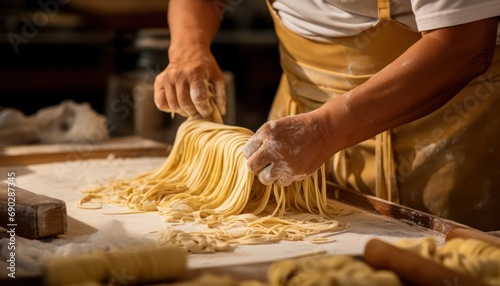 Apron-Wearing Chef Expertly Preparing Fresh Pasta