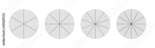 Wheel of life template. Set of coaching tool for visualizing all areas of life. Polar grid with segments, concentric circles. Circle diagrams of life style balance. Blank of polar graph paper. Vector.