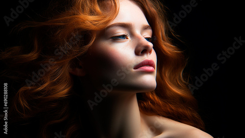 close up portrait of beautiful young woman face with perfect skin and make up on dark background