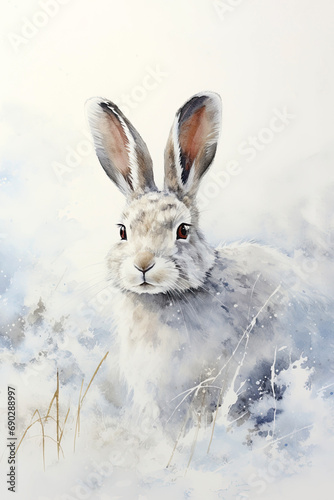 Arctic hare  Lepus arcticus  in the snow. Winter themed digital watercolour on white background.