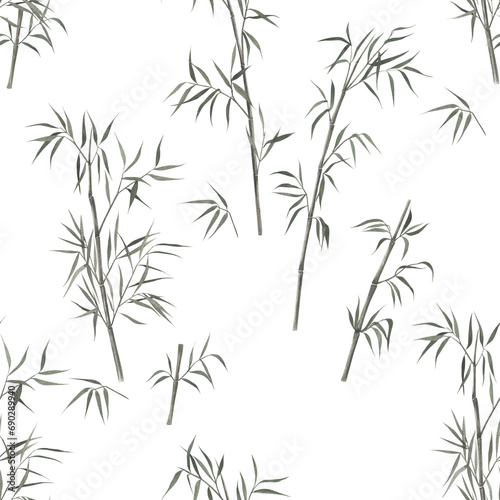 Watercolor seamless pattern with bamboo. Hand drawn illustration on white background. Vintage print