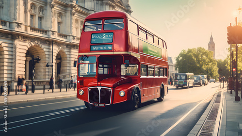 Vintage red double-decker bus on a bustling city street.