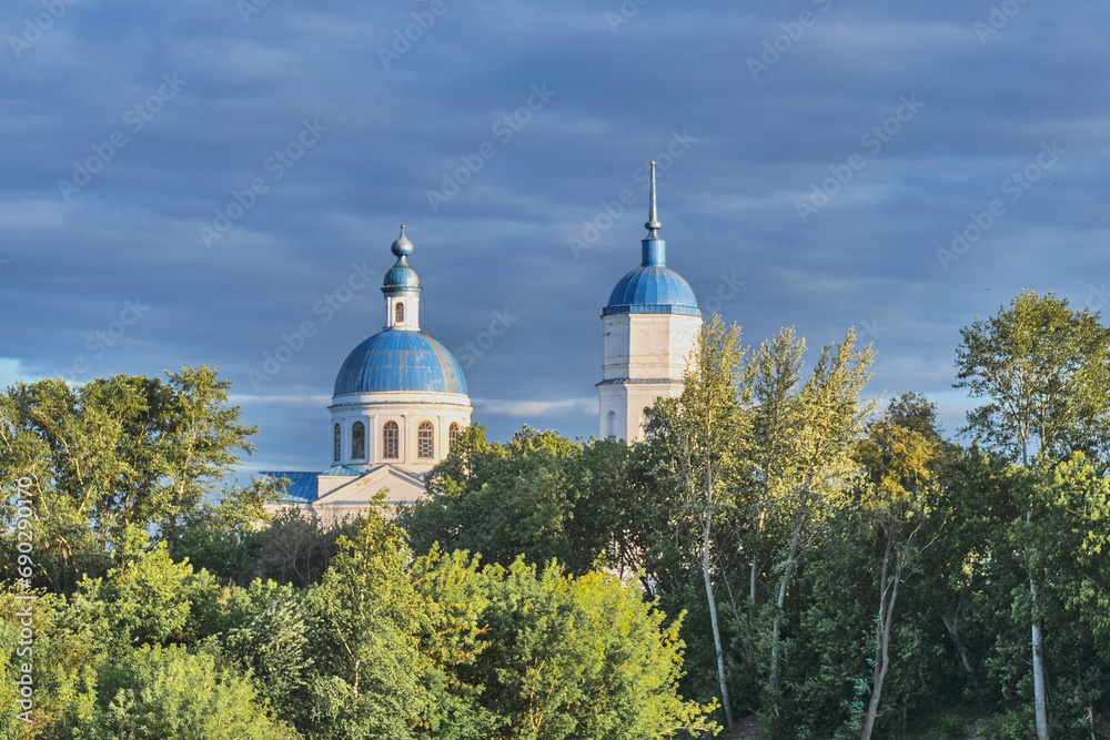 Domes of old stone St. Nicholas Church and bell tower, Yelabuga, Russia.