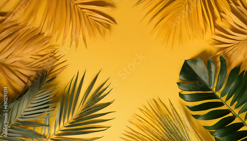 Feuilles de palmier et feuillage tropical sur fond jaune