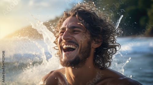  a young man laughs as he plays in the surf, in the style of realistic portrait © banthita166
