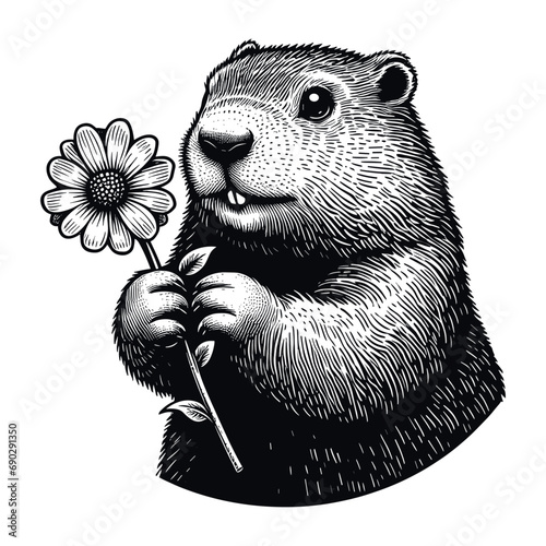 cute groundhog holding a flower vector sketch
