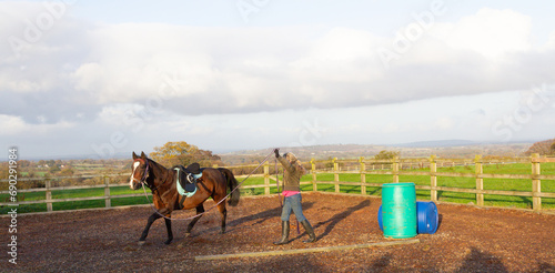 Pretty young woman uses a lunge line to train her bay horse, teaching it to move correctly. Lunging is a great training tool, photo