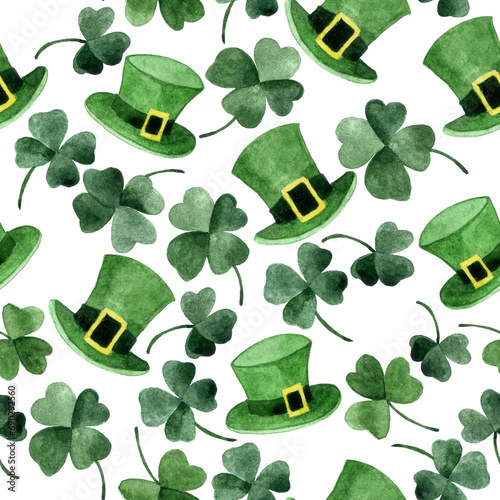 watercolor seamless pattern on the theme of St. Patrick with clover leaves and green leprechaun hats photo