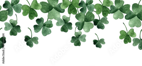 watercolor seamless border, frame of green four-leaf clover leaves. decoration for st. patrick's day.