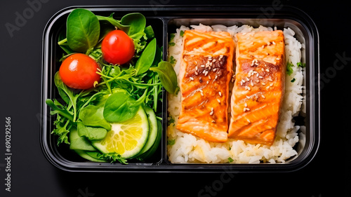 healthy and diet food : fresh fish with rice, vegetables and fruits