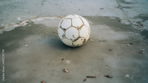 old worn soccer football on playground concrete floor