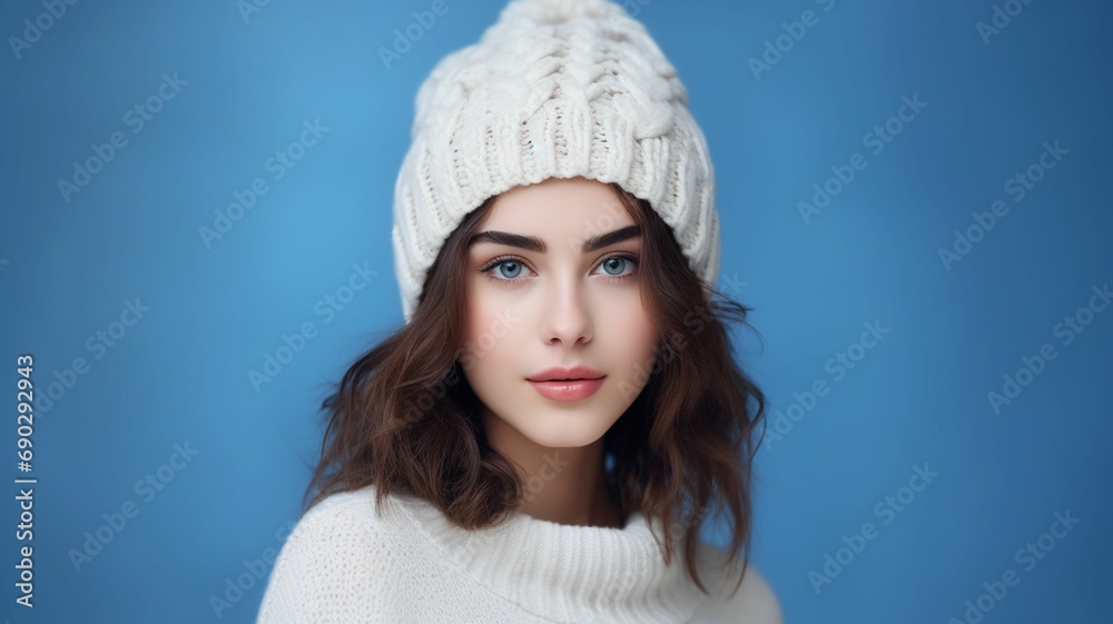Beautiful woman, wearing a knitted scarf and hat Beautiful woman, wearing a knitted scarf and hat