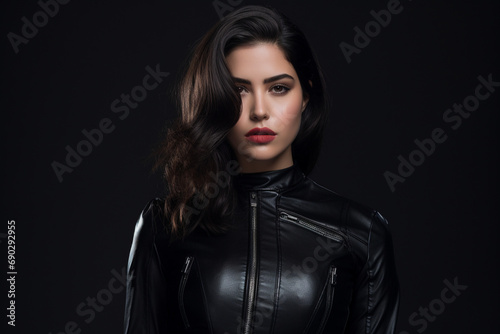 Studio Portrait of a Female Model Wearing Black Leather Clothes
