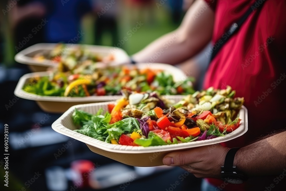 Street food festival, catering service. Vegetable salads in paper plates sold outdoors at market place Street food festival, catering service. Vegetable salads in paper plates sold outdoors at market place