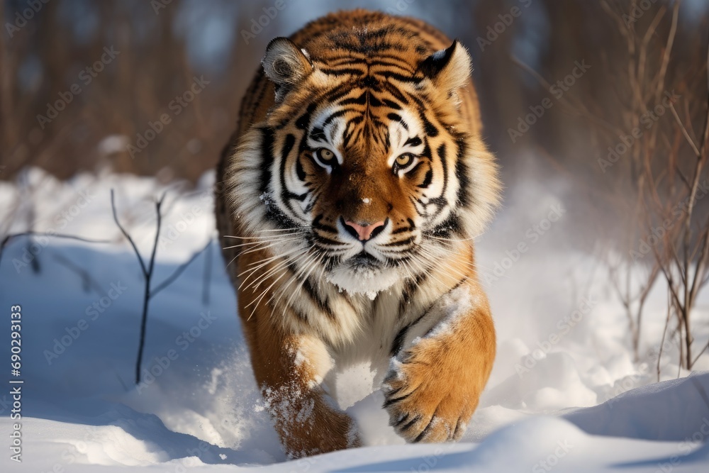 Obraz premium Tiger in wild winter nature. Amur tiger running in the snow.