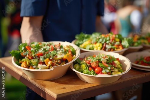 Street food festival, catering service. Vegetable salads in paper plates sold outdoors at market place