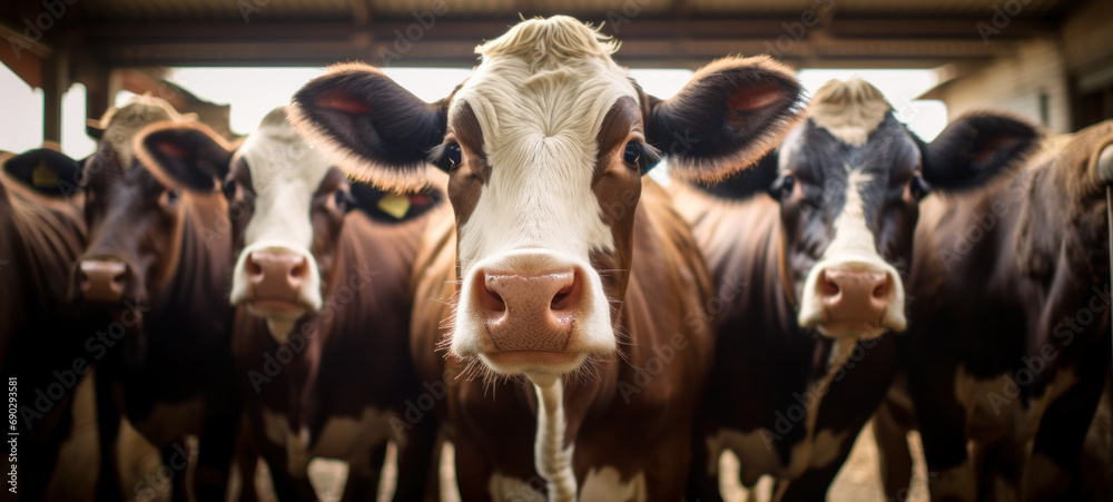 Farming Ranch Beef cattle farming and large group of cows domestic animals inside cowshed waiting for food. - obrazy, fototapety, plakaty 