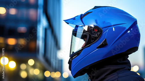 Close-up of a motorcyclist racer in a helmet riding a bike in the evening city against the background of blurred city streets and road. Equipment for a modern motorcyclist.