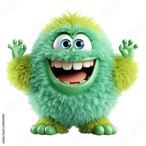 Green little Monster Alien,Furry and fluffy ,cute monster acting,game asset,isolated on white and transparent background