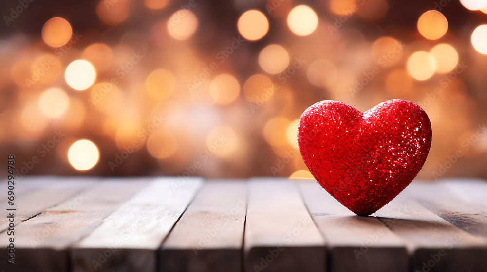 Close up of red heart on wooden table against defocused bokeh light background. Love, valentine's day concept. Generative Ai Close up of red heart on wooden table against defocused bokeh light background. Love, valentine's day concept. Generative Ai