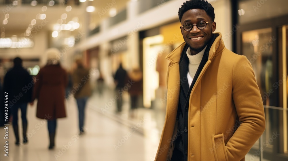 Happy young black man in an elegant clothes coat on sale in the mall generative ai