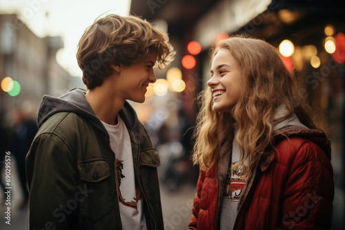 Teenagers, a girl and a guy, look at each other with loving eyes and laugh on a blurred background of a city street. The concept of youth and first love.