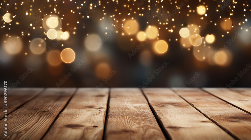 Closeup view of wooden table against blurred Christmas interior. Generative Ai Closeup view of wooden table against blurred Christmas interior. Generative Ai